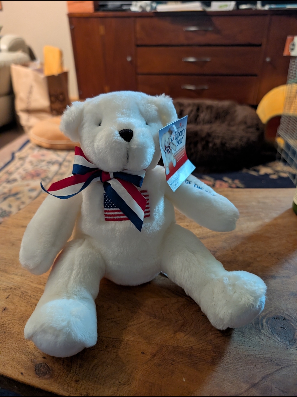 White Patriotic Liberty Teddy Bear with Flag Patch and Ribbon